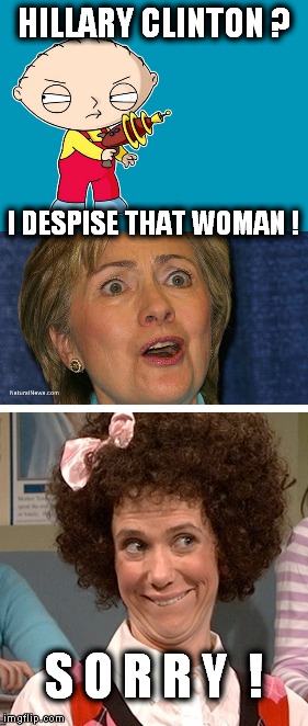 Stewie has a new target. | HILLARY CLINTON ? I DESPISE THAT WOMAN ! S O R R Y  ! | image tagged in memes,political meme,family guy,stewie griffin,hillaryclinton,snl | made w/ Imgflip meme maker