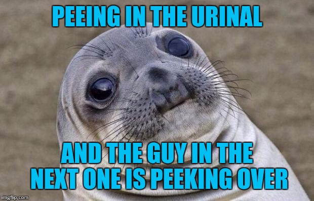 Run away | PEEING IN THE URINAL; AND THE GUY IN THE NEXT ONE IS PEEKING OVER | image tagged in memes,awkward moment sealion | made w/ Imgflip meme maker