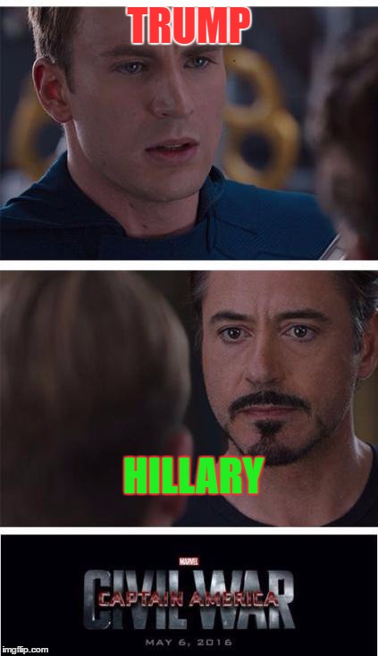 Marvel Civil War 1 Meme | TRUMP; HILLARY | image tagged in memes,marvel civil war 1 | made w/ Imgflip meme maker