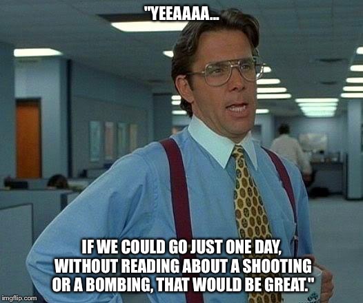 That Would Be Great | "YEEAAAA... IF WE COULD GO JUST ONE DAY, WITHOUT READING ABOUT A SHOOTING OR A BOMBING, THAT WOULD BE GREAT." | image tagged in memes,that would be great | made w/ Imgflip meme maker