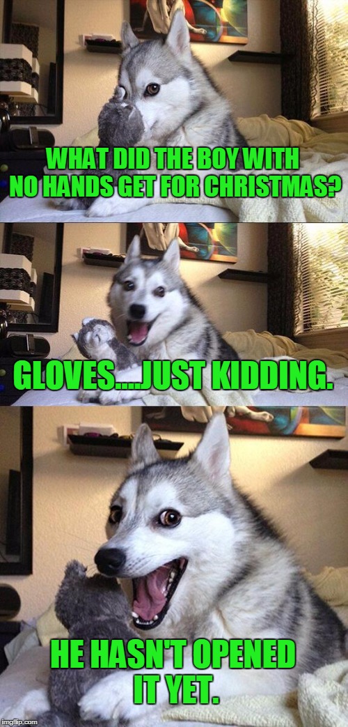 Bad Pun Dog | WHAT DID THE BOY WITH NO HANDS GET FOR CHRISTMAS? GLOVES....JUST KIDDING. HE HASN'T OPENED IT YET. | image tagged in memes,bad pun dog | made w/ Imgflip meme maker