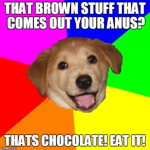 really it is chocolate! | THAT BROWN STUFF THAT COMES OUT YOUR ANUS? THATS CHOCOLATE! EAT IT! | image tagged in memes,advice dog | made w/ Imgflip meme maker