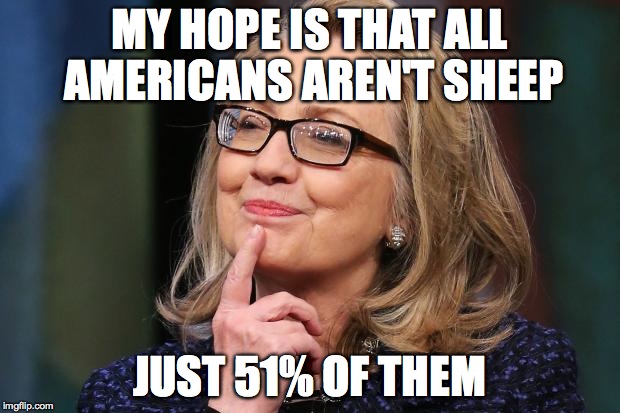 Hillary Clinton | MY HOPE IS THAT ALL AMERICANS AREN'T SHEEP; JUST 51% OF THEM | image tagged in hillary clinton | made w/ Imgflip meme maker