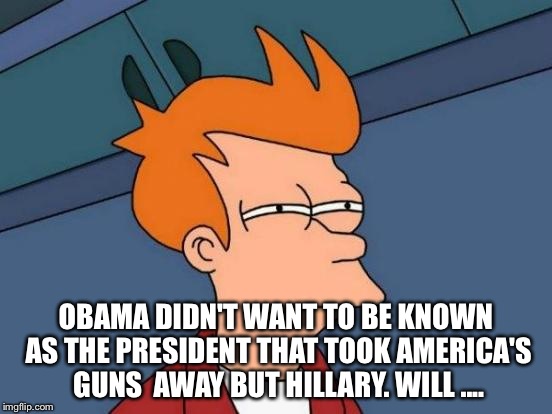 Futurama Fry Meme | OBAMA DIDN'T WANT TO BE KNOWN AS THE PRESIDENT THAT TOOK AMERICA'S GUNS  AWAY BUT HILLARY. WILL .... | image tagged in memes,futurama fry | made w/ Imgflip meme maker