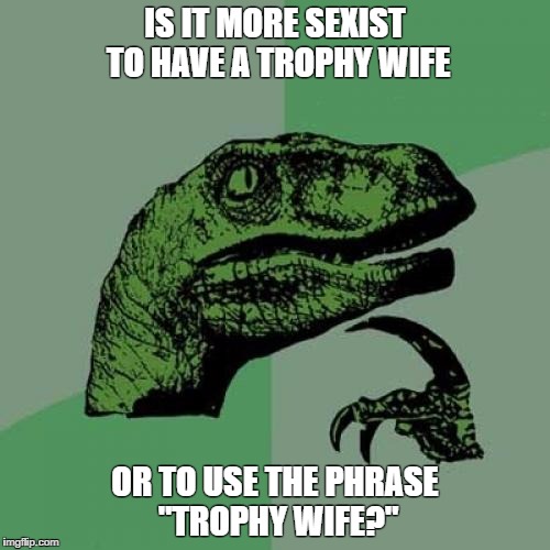 Philosoraptor Meme | IS IT MORE SEXIST TO HAVE A TROPHY WIFE; OR TO USE THE PHRASE "TROPHY WIFE?" | image tagged in memes,philosoraptor | made w/ Imgflip meme maker