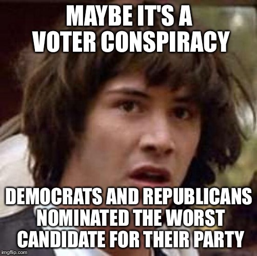 Conspiracy Keanu Meme | MAYBE IT'S A VOTER CONSPIRACY DEMOCRATS AND REPUBLICANS NOMINATED THE WORST CANDIDATE FOR THEIR PARTY | image tagged in memes,conspiracy keanu | made w/ Imgflip meme maker
