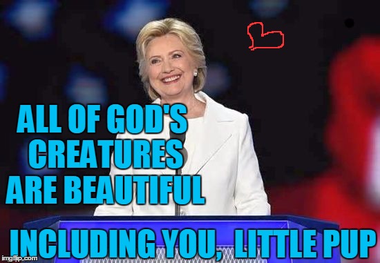 ALL OF GOD'S CREATURES ARE BEAUTIFUL INCLUDING YOU,  LITTLE PUP | image tagged in hillary | made w/ Imgflip meme maker
