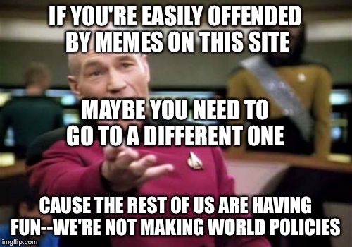 Picard Wtf | IF YOU'RE EASILY OFFENDED BY MEMES ON THIS SITE; MAYBE YOU NEED TO GO TO A DIFFERENT ONE; CAUSE THE REST OF US ARE HAVING FUN--WE'RE NOT MAKING WORLD POLICIES | image tagged in memes,picard wtf | made w/ Imgflip meme maker