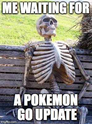 Waiting Skeleton | ME WAITING FOR; A POKEMON GO UPDATE | image tagged in memes,waiting skeleton | made w/ Imgflip meme maker