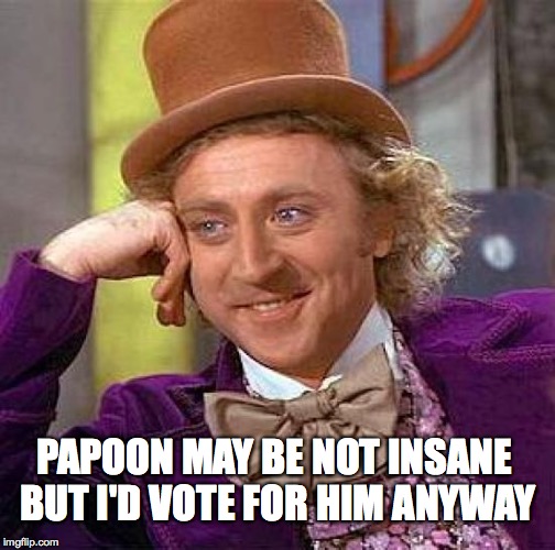 Creepy Condescending Wonka Meme | PAPOON MAY BE NOT INSANE BUT I'D VOTE FOR HIM ANYWAY | image tagged in memes,creepy condescending wonka | made w/ Imgflip meme maker