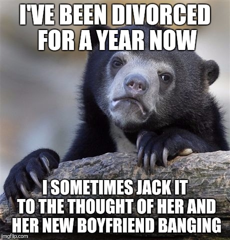 Confession Bear | I'VE BEEN DIVORCED FOR A YEAR NOW; I SOMETIMES JACK IT TO THE THOUGHT OF HER AND HER NEW BOYFRIEND BANGING | image tagged in memes,confession bear,AdviceAnimals | made w/ Imgflip meme maker