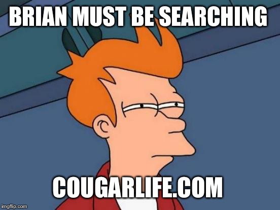 Futurama Fry Meme | BRIAN MUST BE SEARCHING COUGARLIFE.COM | image tagged in memes,futurama fry | made w/ Imgflip meme maker