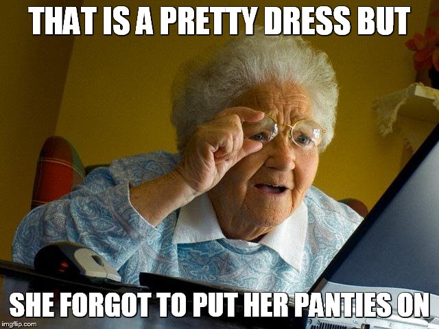 Grandma Finds The Internet | THAT IS A PRETTY DRESS BUT; SHE FORGOT TO PUT HER PANTIES ON | image tagged in memes,grandma finds the internet | made w/ Imgflip meme maker