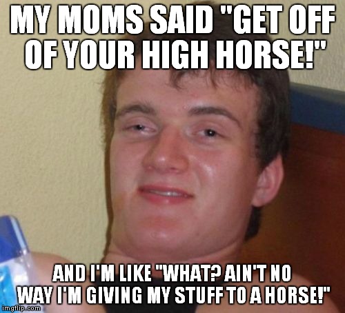 Unless his name is Mr. Ed, I could party with him. | MY MOMS SAID "GET OFF OF YOUR HIGH HORSE!"; AND I'M LIKE "WHAT? AIN'T NO WAY I'M GIVING MY STUFF TO A HORSE!" | image tagged in memes,10 guy | made w/ Imgflip meme maker