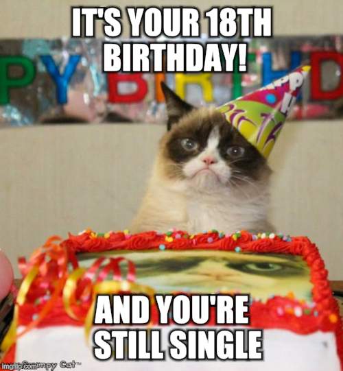 Grumpy Cat Birthday | IT'S YOUR 18TH BIRTHDAY! AND YOU'RE  STILL SINGLE | image tagged in memes,grumpy cat birthday | made w/ Imgflip meme maker