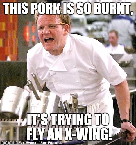 As in Jek Porkins from Star Wars | THIS PORK IS SO BURNT, IT'S TRYING TO FLY AN X-WING! | image tagged in memes,chef gordon ramsay | made w/ Imgflip meme maker