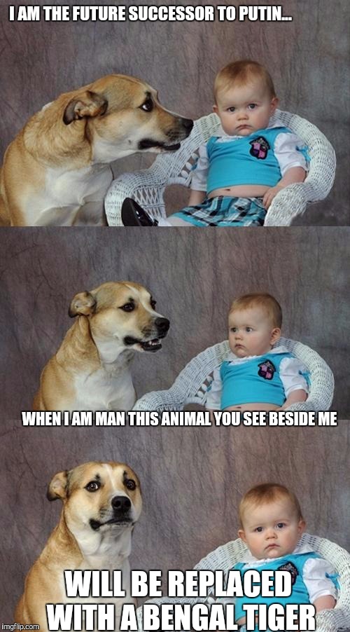 Read my future | I AM THE FUTURE SUCCESSOR TO PUTIN... WHEN I AM MAN THIS ANIMAL YOU SEE BESIDE ME; WILL BE REPLACED WITH A BENGAL TIGER | image tagged in memes,dad joke dog,vladimir putin,good guy putin,putin,putin thats cute | made w/ Imgflip meme maker