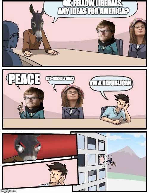 Democrat Boardroom Suggestion | OK, FELLOW LIBERALS. ANY IDEAS FOR AMERICA? I'M A REPUBLICAN; PEACE; ECO-FRIENDLY IDEAS | image tagged in democrat boardroom suggestion | made w/ Imgflip meme maker