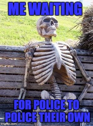 Waiting Skeleton Meme | ME WAITING; FOR POLICE TO POLICE THEIR OWN | image tagged in memes,waiting skeleton | made w/ Imgflip meme maker
