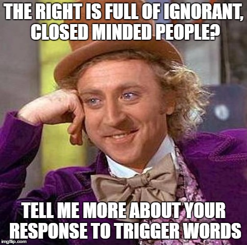 Creepy Condescending Wonka | THE RIGHT IS FULL OF IGNORANT, CLOSED MINDED PEOPLE? TELL ME MORE ABOUT YOUR RESPONSE TO TRIGGER WORDS | image tagged in memes,creepy condescending wonka | made w/ Imgflip meme maker