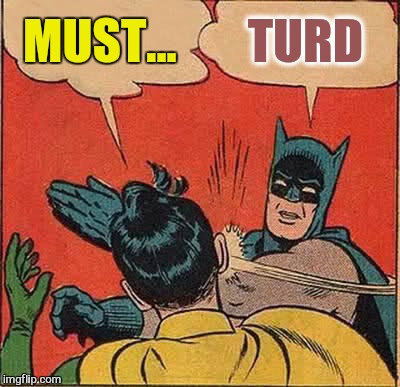 Batman Slapping Robin Meme | MUST... TURD | image tagged in memes,batman slapping robin | made w/ Imgflip meme maker