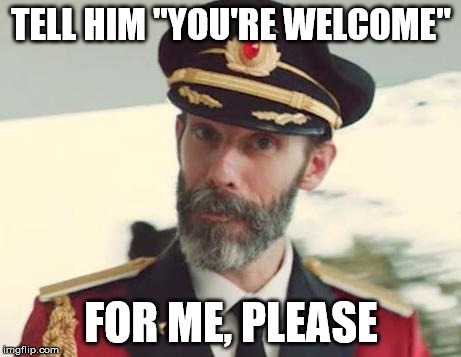 TELL HIM "YOU'RE WELCOME" FOR ME, PLEASE | image tagged in captain obvious | made w/ Imgflip meme maker