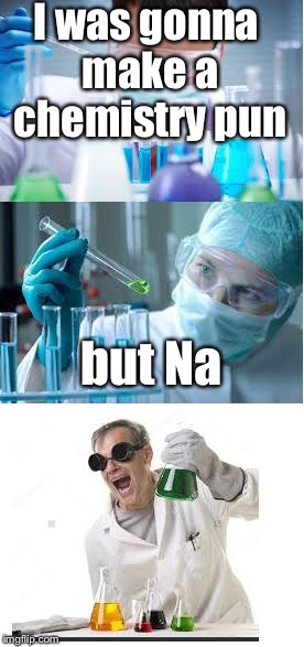 bad pun scientist | I was gonna make a chemistry pun; but Na | image tagged in bad pun scientist | made w/ Imgflip meme maker
