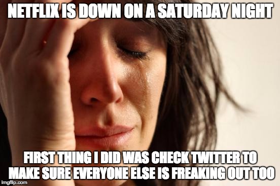 First World Problems | NETFLIX IS DOWN ON A SATURDAY NIGHT; FIRST THING I DID WAS CHECK TWITTER TO MAKE SURE EVERYONE ELSE IS FREAKING OUT TOO | image tagged in memes,first world problems | made w/ Imgflip meme maker