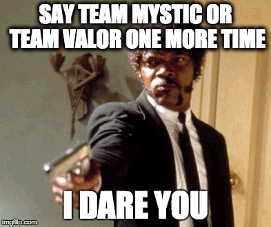 Say That Again I Dare You | SAY TEAM MYSTIC OR TEAM VALOR ONE MORE TIME; I DARE YOU | image tagged in memes,say that again i dare you | made w/ Imgflip meme maker