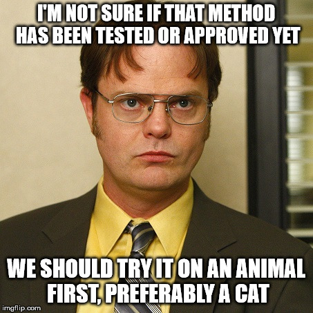 I'M NOT SURE IF THAT METHOD HAS BEEN TESTED OR APPROVED YET WE SHOULD TRY IT ON AN ANIMAL FIRST, PREFERABLY A CAT | image tagged in dwight false | made w/ Imgflip meme maker