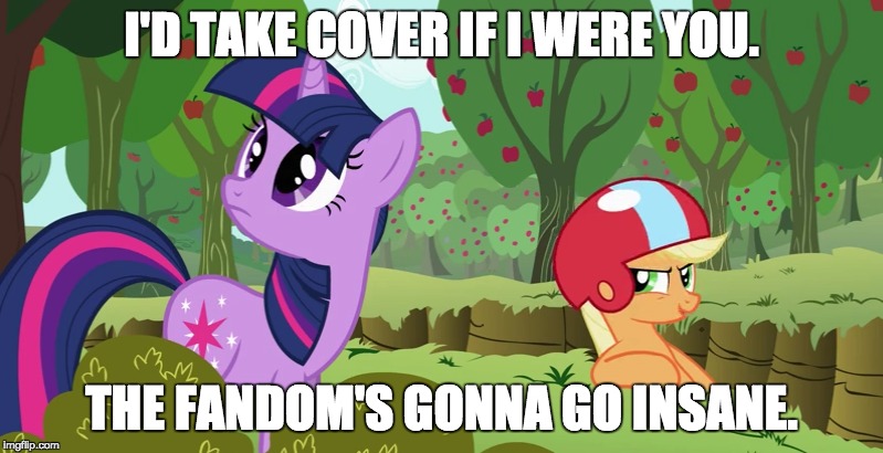 I'd take cover if I were you. | I'D TAKE COVER IF I WERE YOU. THE FANDOM'S GONNA GO INSANE. | image tagged in mlp | made w/ Imgflip meme maker