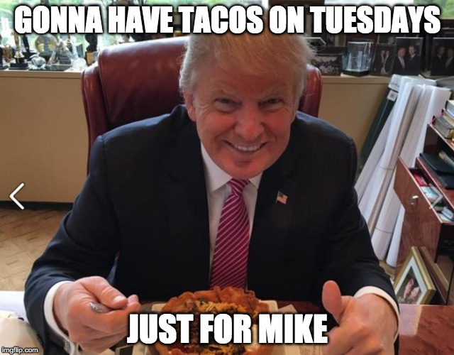 Trump taco bowl | GONNA HAVE TACOS ON TUESDAYS; JUST FOR MIKE | image tagged in trump taco bowl | made w/ Imgflip meme maker