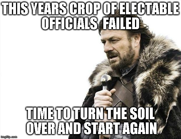 Brace Yourselves X is Coming | THIS YEARS CROP OF ELECTABLE OFFICIALS  FAILED; TIME TO TURN THE SOIL OVER AND START AGAIN | image tagged in memes,brace yourselves x is coming | made w/ Imgflip meme maker