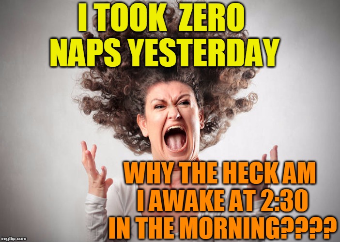 GRRRR!!!! | I TOOK  ZERO NAPS YESTERDAY; WHY THE HECK AM I AWAKE AT 2:30 IN THE MORNING???? | image tagged in crazy mom | made w/ Imgflip meme maker