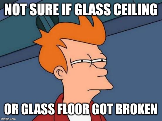 Futurama Fry Meme | NOT SURE IF GLASS CEILING; OR GLASS FLOOR GOT BROKEN | image tagged in memes,futurama fry | made w/ Imgflip meme maker
