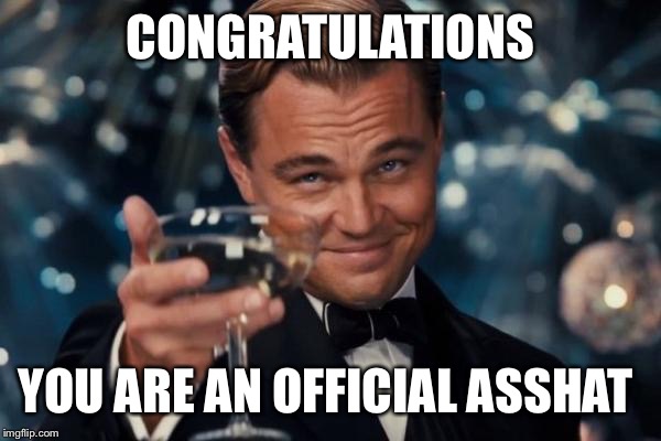 Leonardo Dicaprio Cheers Meme | CONGRATULATIONS; YOU ARE AN OFFICIAL ASSHAT | image tagged in memes,leonardo dicaprio cheers | made w/ Imgflip meme maker