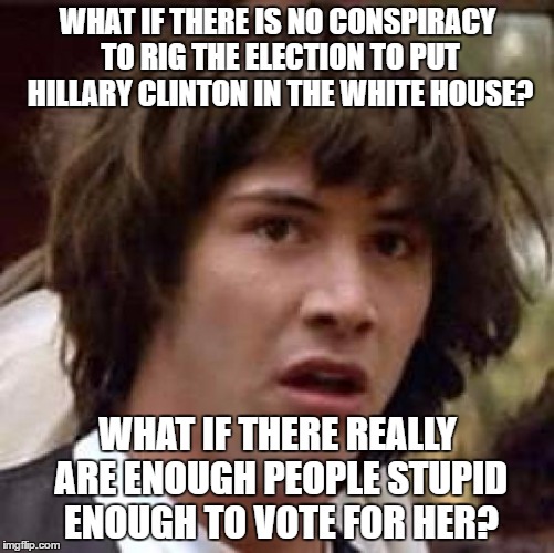 Conspiracy Keanu Meme | WHAT IF THERE IS NO CONSPIRACY TO RIG THE ELECTION TO PUT HILLARY CLINTON IN THE WHITE HOUSE? WHAT IF THERE REALLY ARE ENOUGH PEOPLE STUPID ENOUGH TO VOTE FOR HER? | image tagged in memes,conspiracy keanu | made w/ Imgflip meme maker