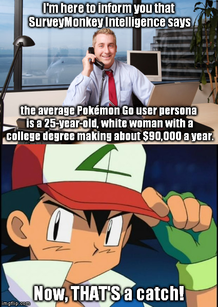 Hmmm... Now I'm thinking I might want to start playing... | I'm here to inform you that SurveyMonkey Intelligence says; the average Pokémon Go user persona is a 25-year-old, white woman with a college degree making about $90,000 a year. Now, THAT'S a catch! | image tagged in pokemon go,meme,women,gotta catch em all | made w/ Imgflip meme maker
