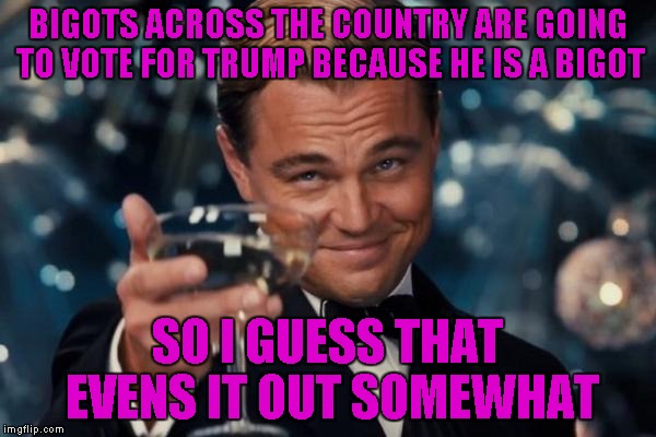 Leonardo Dicaprio Cheers Meme | BIGOTS ACROSS THE COUNTRY ARE GOING TO VOTE FOR TRUMP BECAUSE HE IS A BIGOT SO I GUESS THAT EVENS IT OUT SOMEWHAT | image tagged in memes,leonardo dicaprio cheers | made w/ Imgflip meme maker