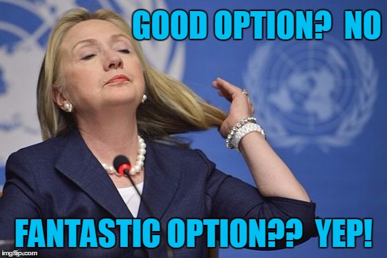 Hillary | GOOD OPTION?  NO FANTASTIC OPTION??  YEP! | image tagged in hillary | made w/ Imgflip meme maker