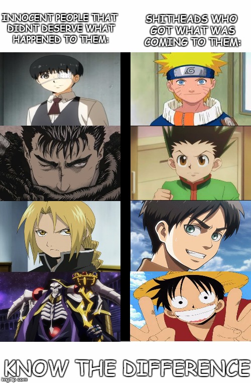 Truth | SHITHEADS WHO GOT WHAT WAS COMING TO THEM:; INNOCENT PEOPLE THAT DIDNT DESERVE WHAT HAPPENED TO THEM:; KNOW THE DIFFERENCE | image tagged in anime | made w/ Imgflip meme maker