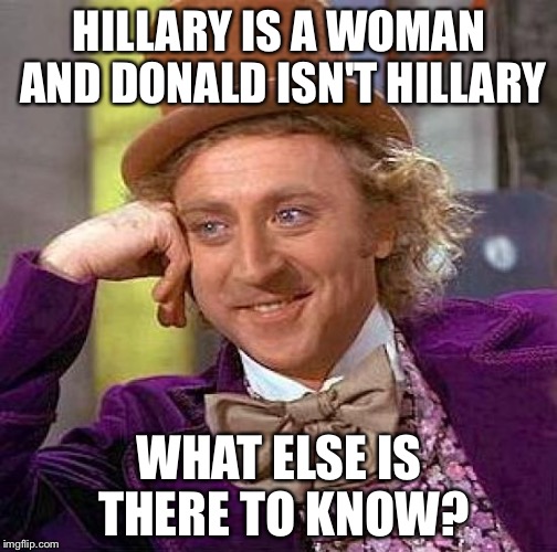 Creepy Condescending Wonka Meme | HILLARY IS A WOMAN AND DONALD ISN'T HILLARY WHAT ELSE IS THERE TO KNOW? | image tagged in memes,creepy condescending wonka | made w/ Imgflip meme maker