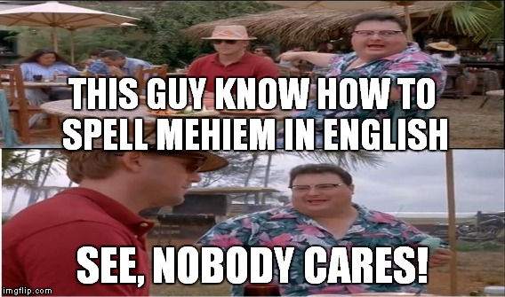 THIS GUY KNOW HOW TO SPELL MEHIEM IN ENGLISH SEE, NOBODY CARES! | made w/ Imgflip meme maker