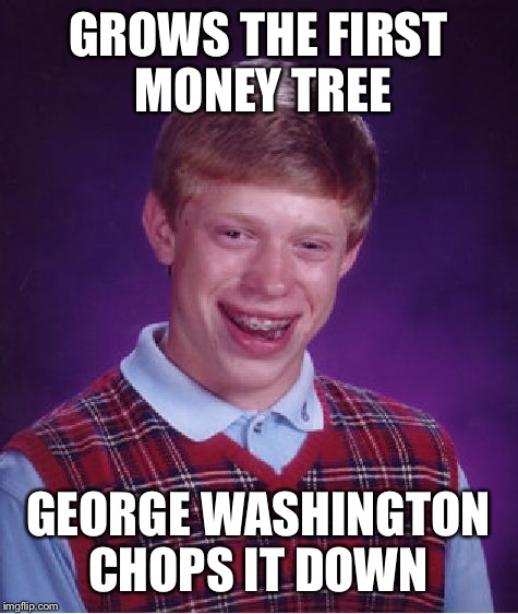 Bad Luck Brian Meme | GROWS THE FIRST MONEY TREE GEORGE WASHINGTON CHOPS IT DOWN | image tagged in memes,bad luck brian | made w/ Imgflip meme maker