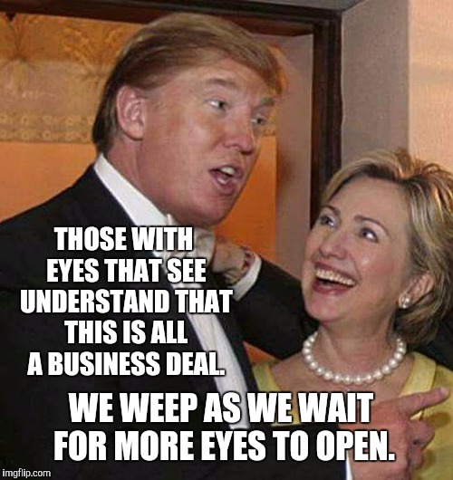 Trump Hillary | THOSE WITH EYES THAT SEE UNDERSTAND THAT THIS IS ALL A BUSINESS DEAL. WE WEEP AS WE WAIT FOR MORE EYES TO OPEN. | image tagged in trump hillary | made w/ Imgflip meme maker