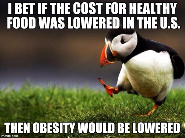 Unpopular Opinion Puffin | I BET IF THE COST FOR HEALTHY FOOD WAS LOWERED IN THE U.S. THEN OBESITY WOULD BE LOWERED | image tagged in memes,unpopular opinion puffin | made w/ Imgflip meme maker