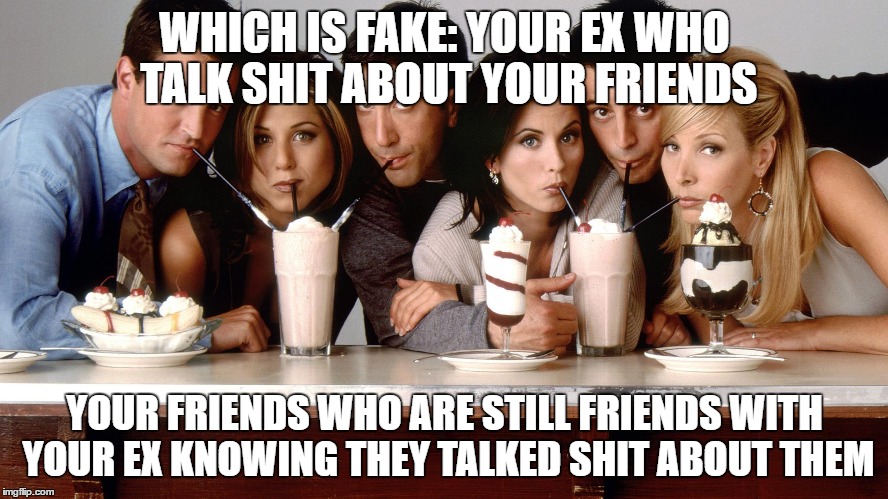 Friends | WHICH IS FAKE: YOUR EX WHO TALK SHIT ABOUT YOUR FRIENDS; YOUR FRIENDS WHO ARE STILL FRIENDS WITH YOUR EX KNOWING THEY TALKED SHIT ABOUT THEM | image tagged in friends | made w/ Imgflip meme maker