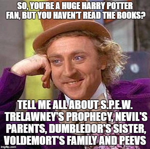 Yeah, a true fan | SO, YOU'RE A HUGE HARRY POTTER FAN, BUT YOU HAVEN'T READ THE BOOKS? TELL ME ALL ABOUT S.P.E.W. TRELAWNEY'S PROPHECY, NEVIL'S PARENTS, DUMBLEDOR'S SISTER, VOLDEMORT'S FAMILY AND PEEVS | image tagged in memes,creepy condescending wonka,harry potter,books,voldemort | made w/ Imgflip meme maker