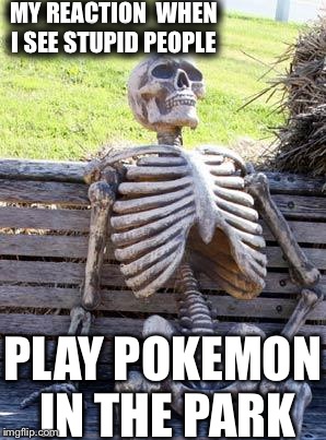 Waiting Skeleton Meme | MY REACTION  WHEN I SEE STUPID PEOPLE; PLAY POKEMON IN THE PARK | image tagged in memes,waiting skeleton | made w/ Imgflip meme maker