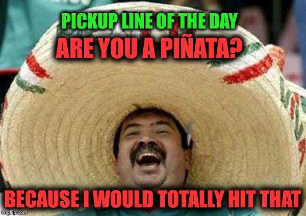 Pickup line of the day | PICKUP LINE OF THE DAY; ARE YOU A PIÑATA? BECAUSE I WOULD TOTALLY HIT THAT | image tagged in mexican,memes,funny,pickup lines,pinata | made w/ Imgflip meme maker